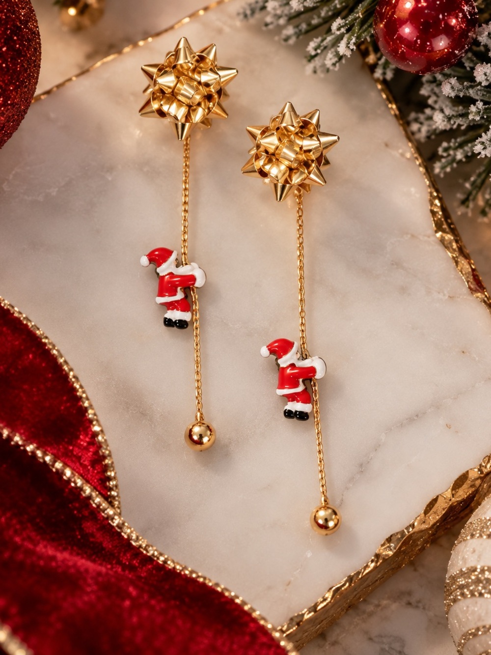 Gold Drop Santa Earrings - Festive Red & Gold
